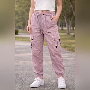 SHEIN Women's Pink Twill Cargo Pants Elastic Waist Drawstring Pockets Tapered